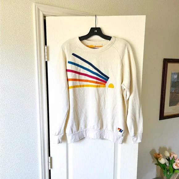 Aviator Nation Daydream Crew Sweatshirt Rainbow Vintage White Small EUC - Picture 2 of 8